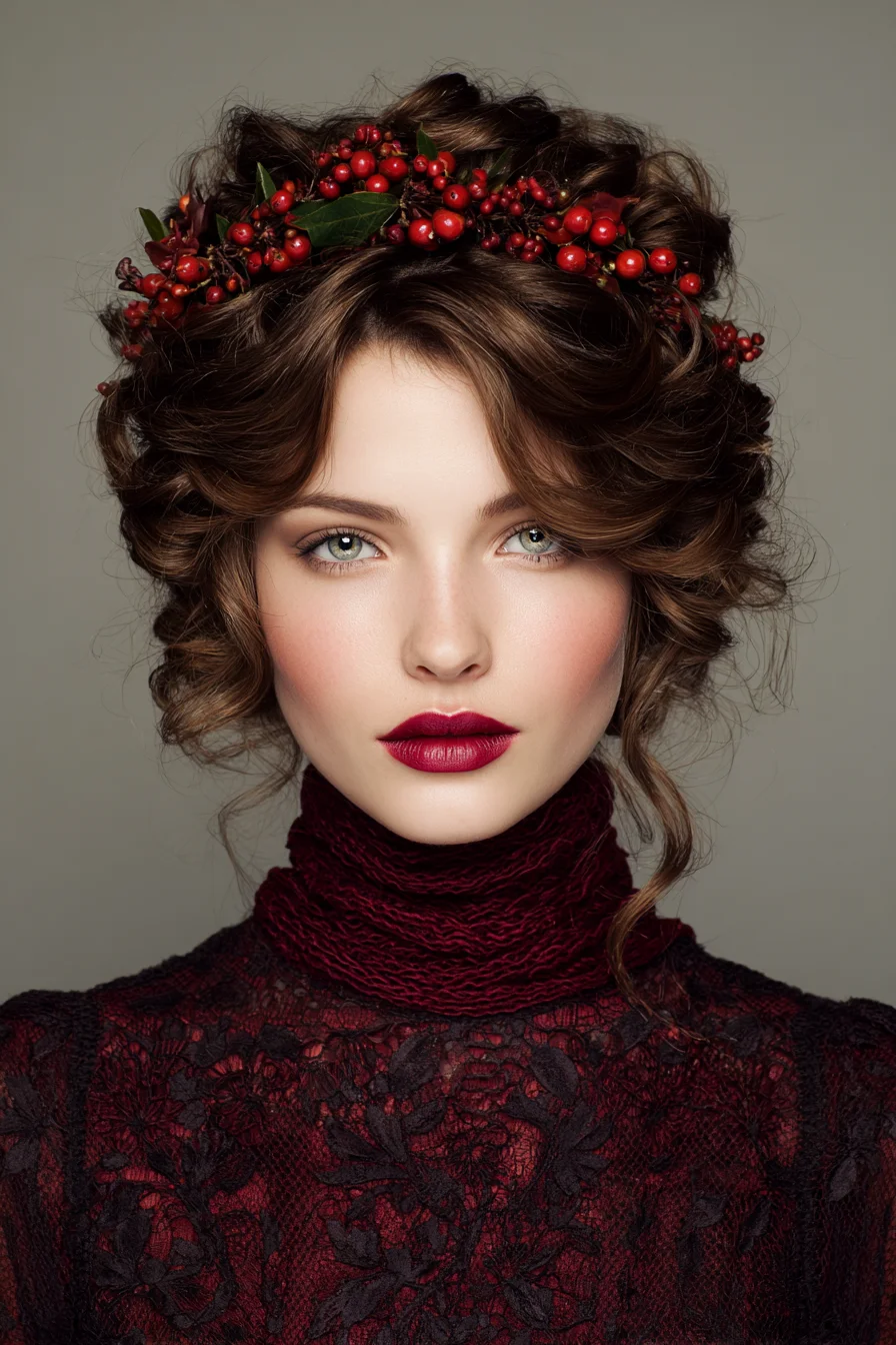 Romantic Textured Updo with Berry Crown—Soft Vintage Curls