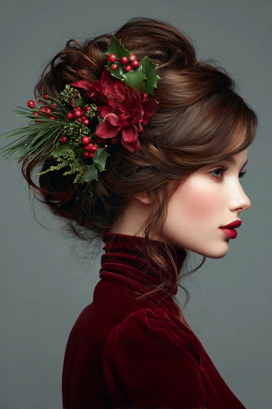Romantic Textured Updo with Festive Floral Accents