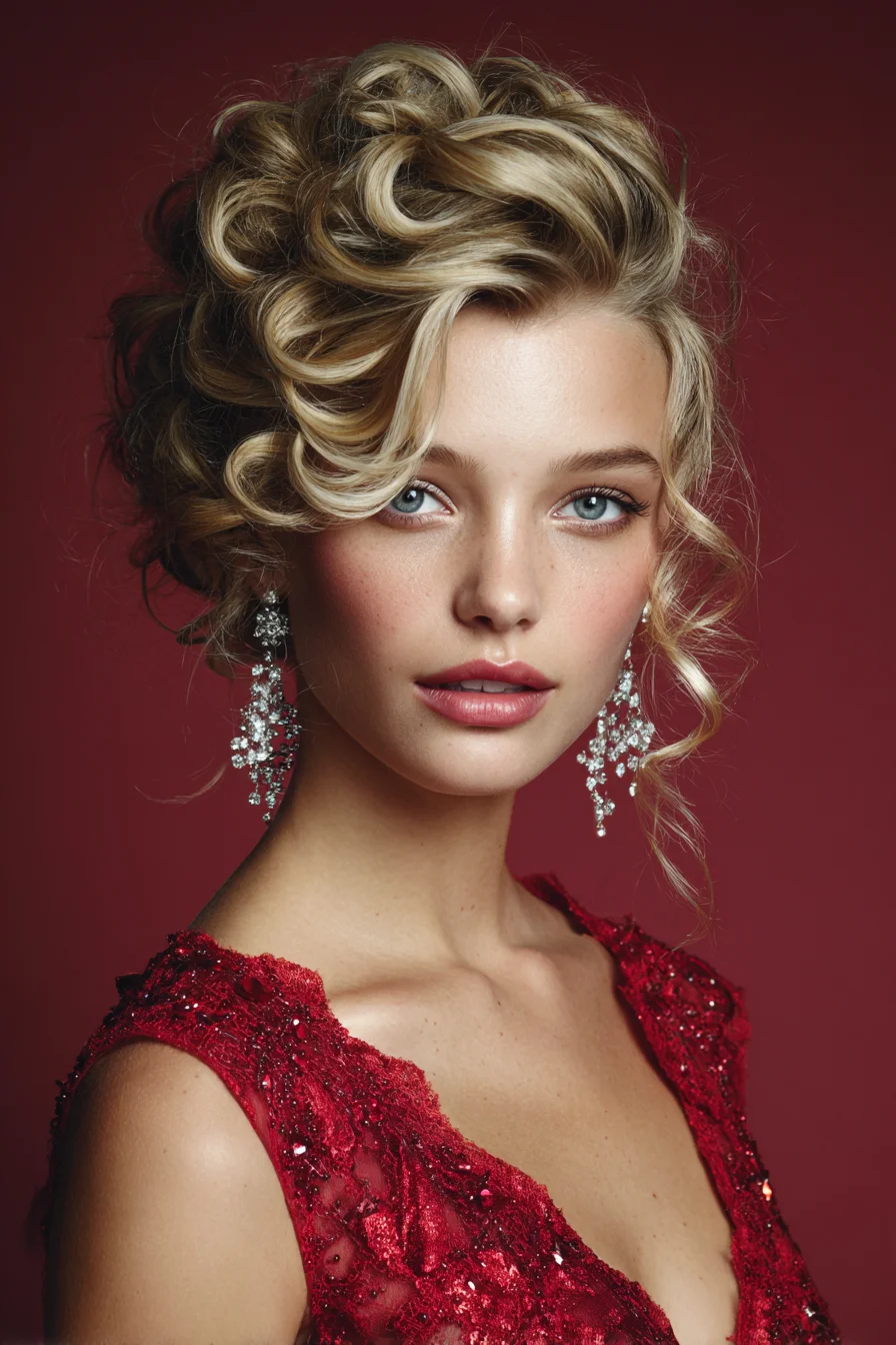 Romantic Voluminous Curled Updo with Face‑Framing Tendrils