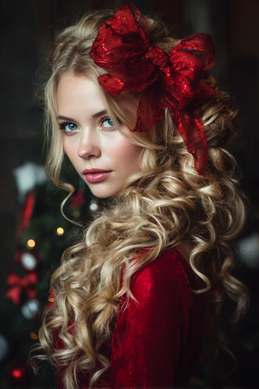 Romantic Voluminous Curls with Half-Up Twist and Statement Red Bow