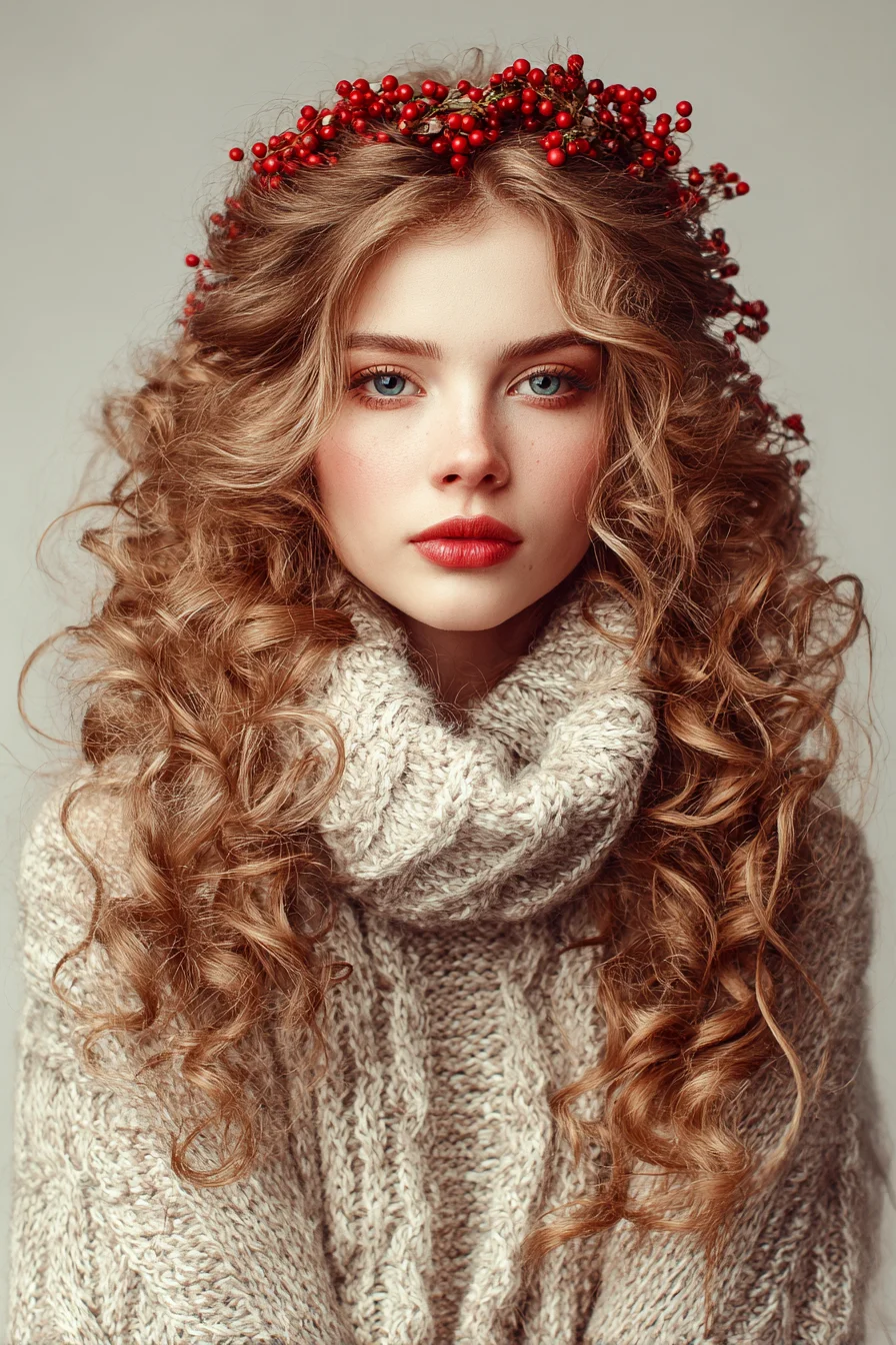 Romantic Voluminous Curly Halo with Berry Crown — Loose Natural Ringlets