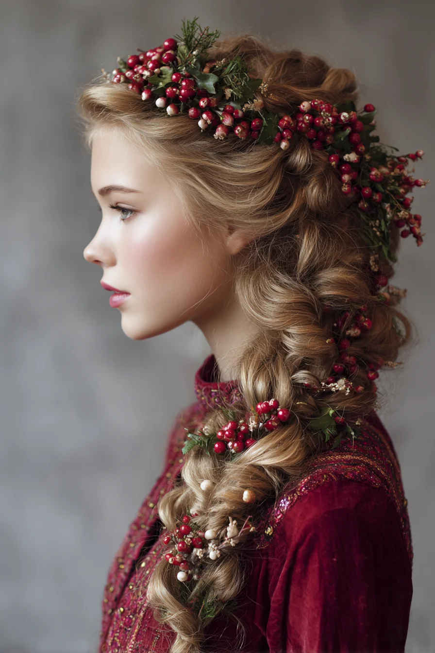 Romantic Voluminous Side Braid with Seasonal Floral Accents