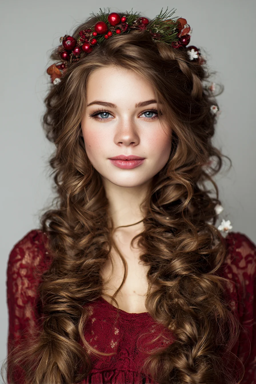 Romantic Voluminous Spiral Curls with Braided Crown