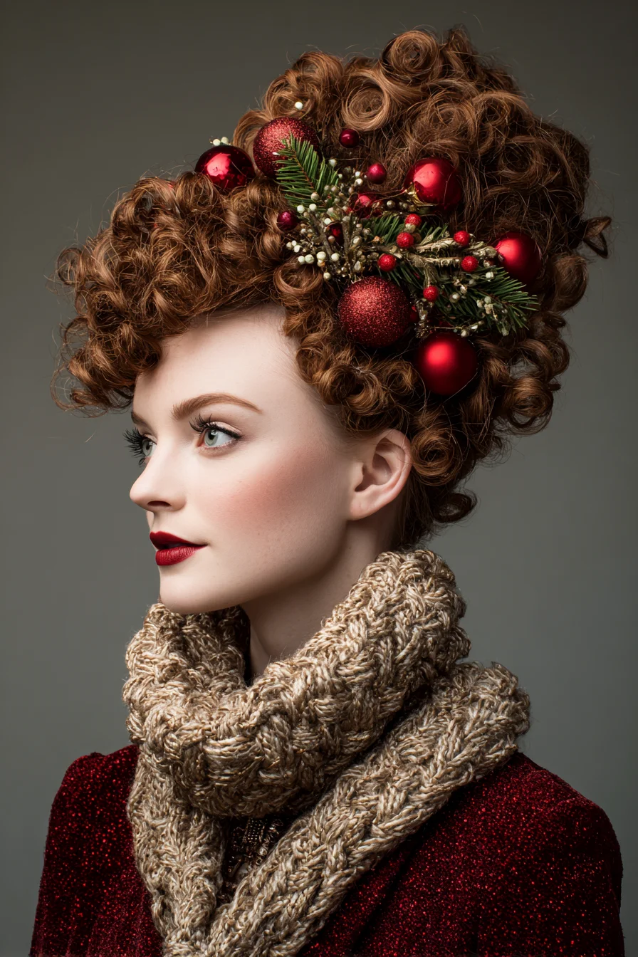 Sculpted Ringlet Updo with Festive Ornaments