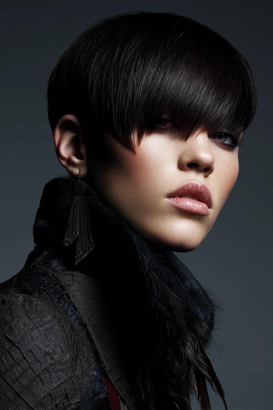 Short Blunt Pixie with Heavy Eye‑Skimming Fringe and Tapered Nape