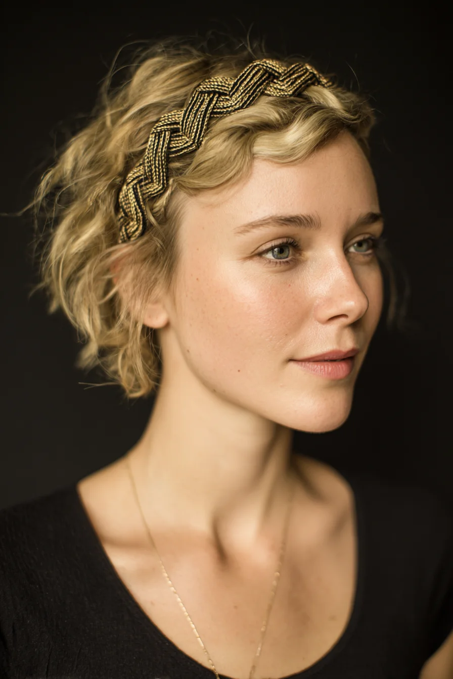 Short Textured Waves with Braided Gold Headband