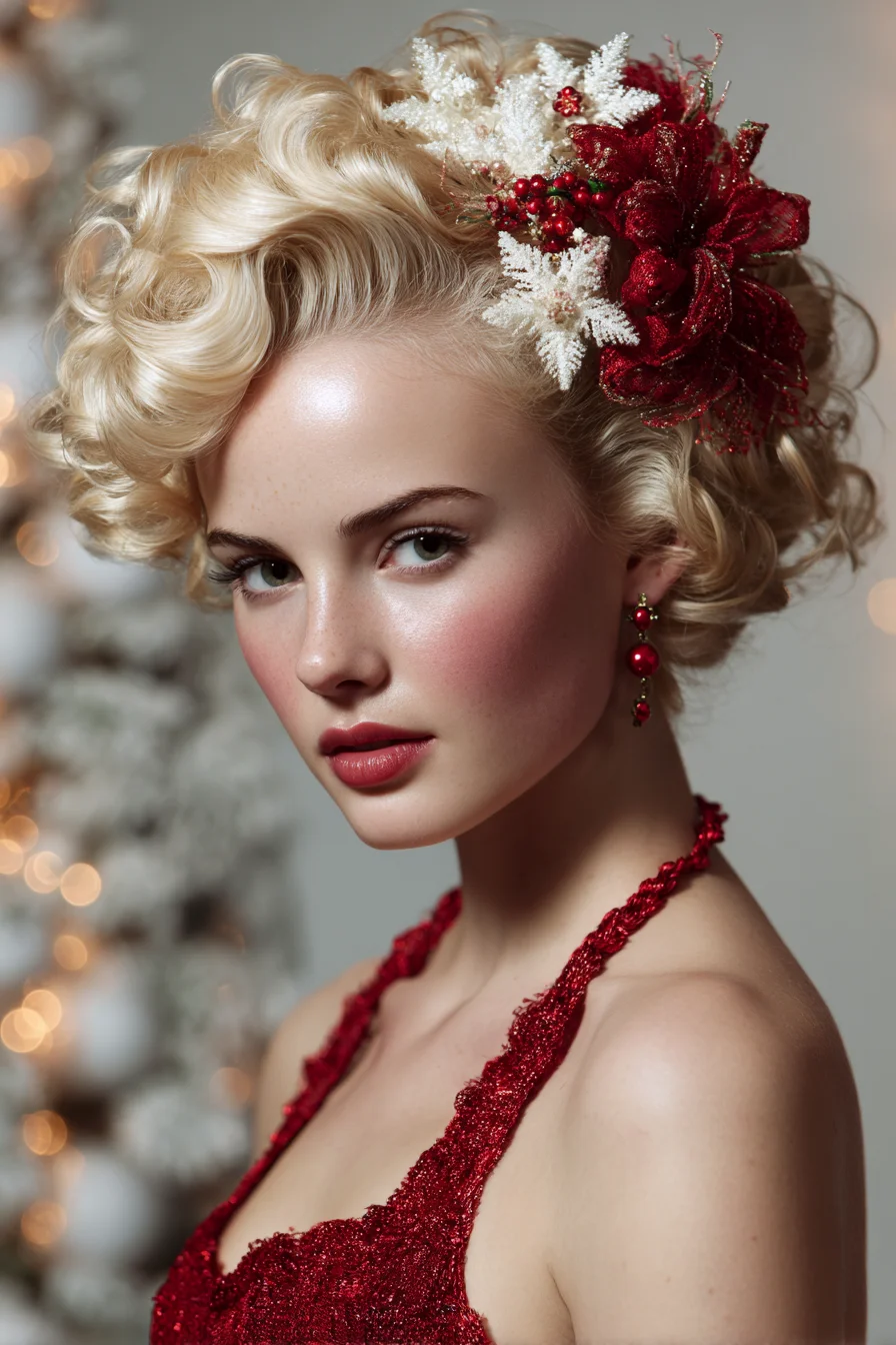 Short Vintage Finger Waves & Pin Curls with Festive Floral Hairpiece
