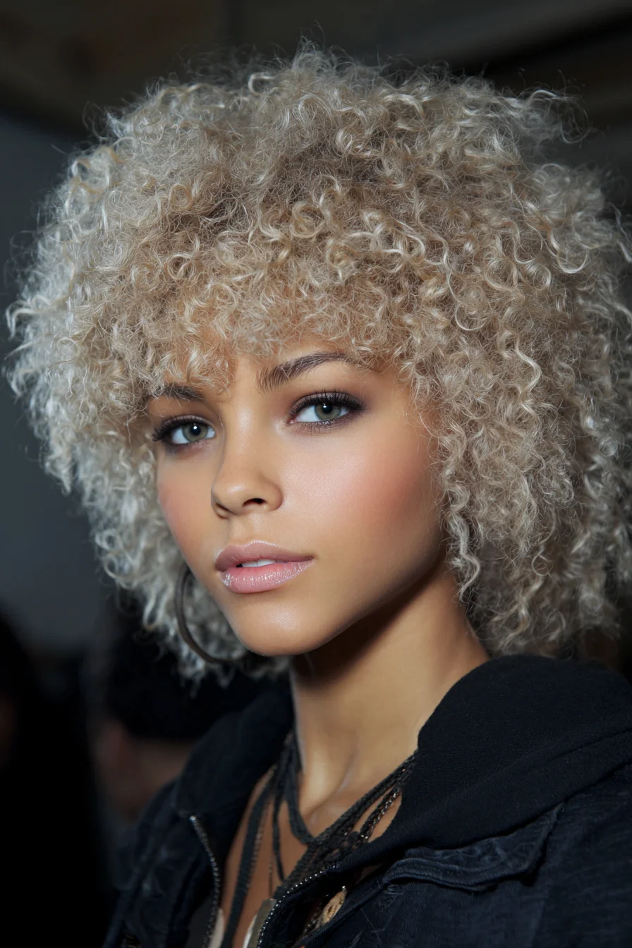 Short Voluminous Platinum Blonde Tight Curls with Curly Fringe