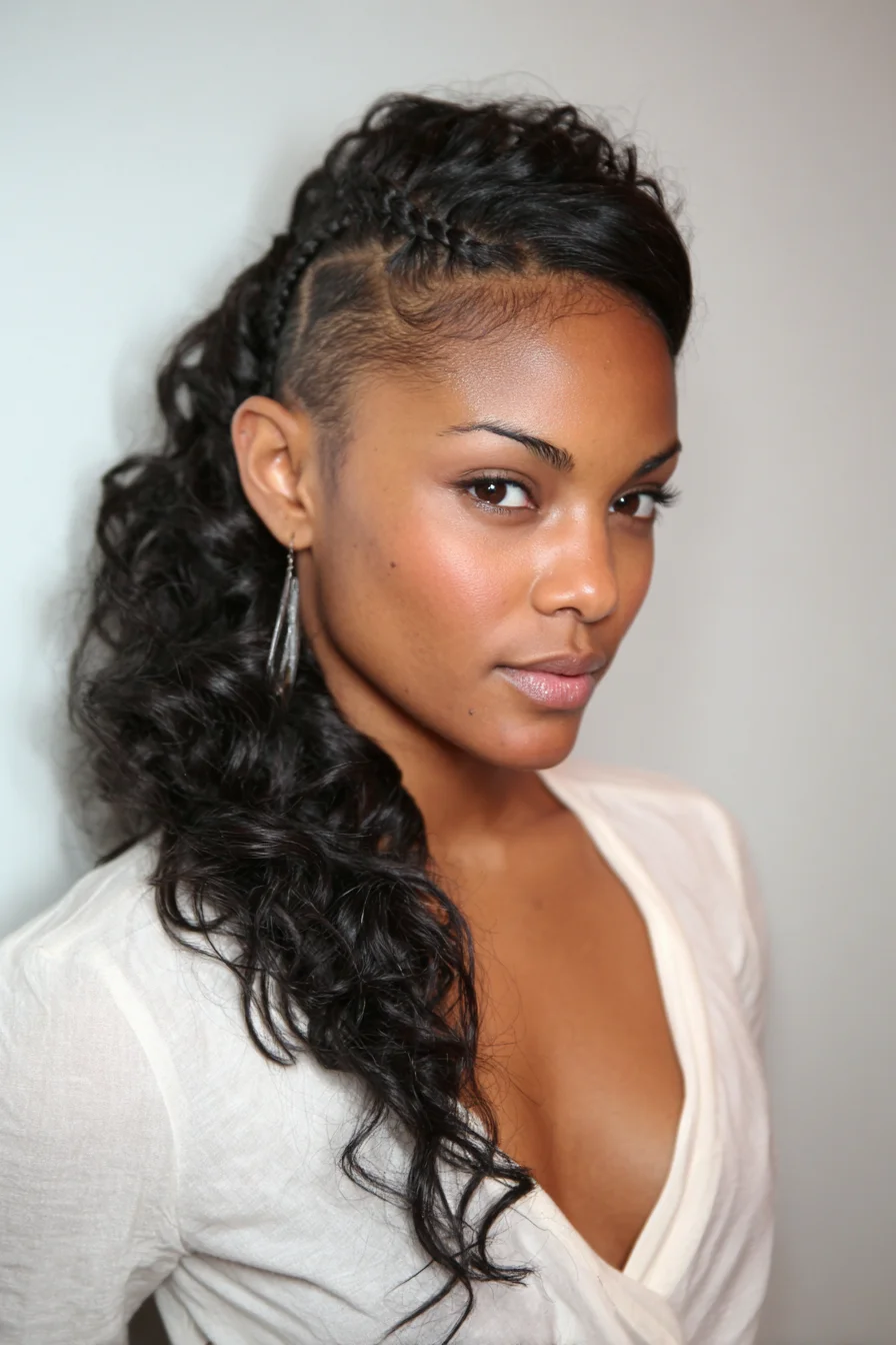 Side Braided Undercut with Voluminous Curly Side Ponytail