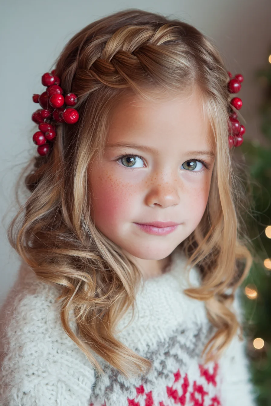 Side Dutch Braid Crown with Loose Waves and Berry Accent
