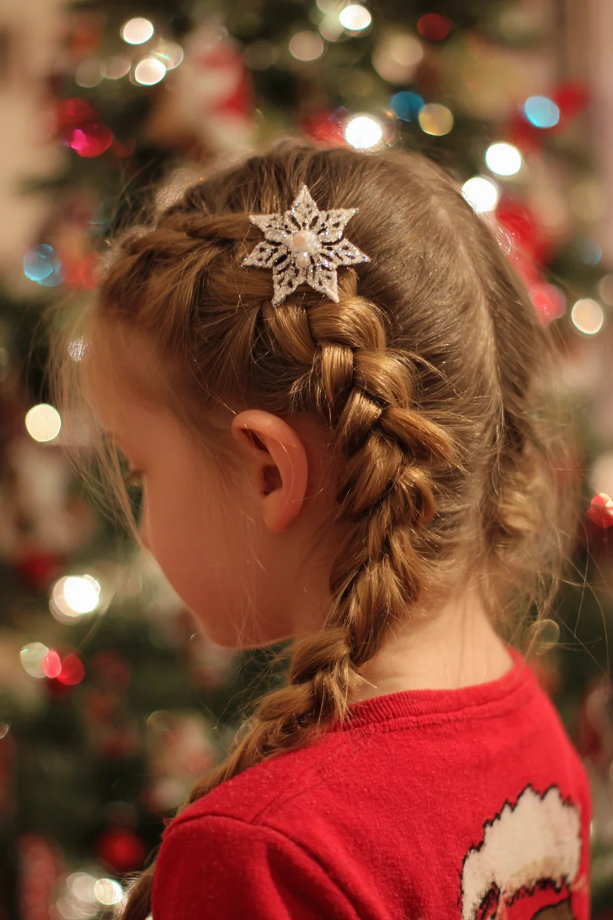 Side French/Dutch Braid with Sparkle Snowflake Clip — Holiday Braided Style