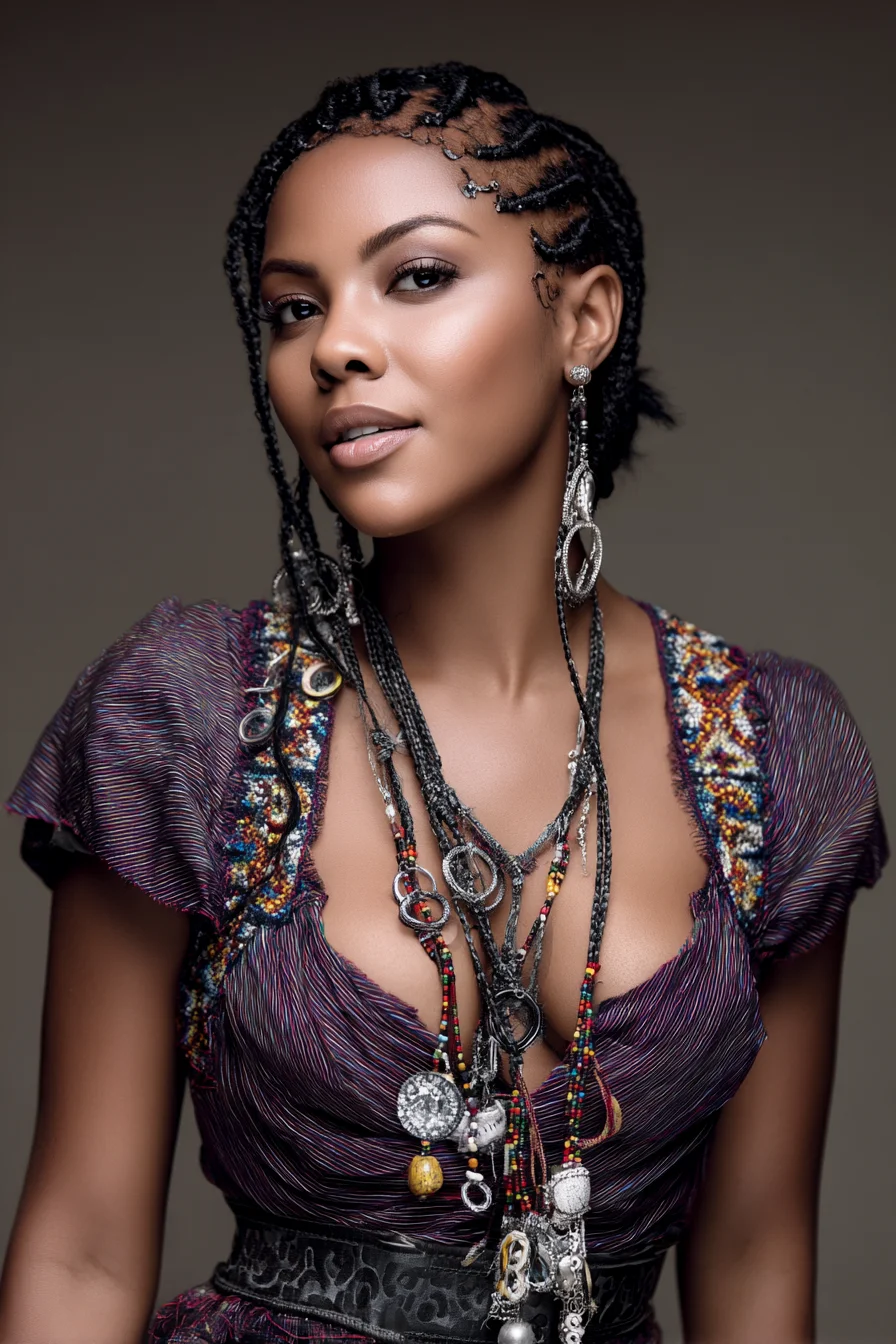 Side-Swept Cornrows with Long Beaded Micro-Braids