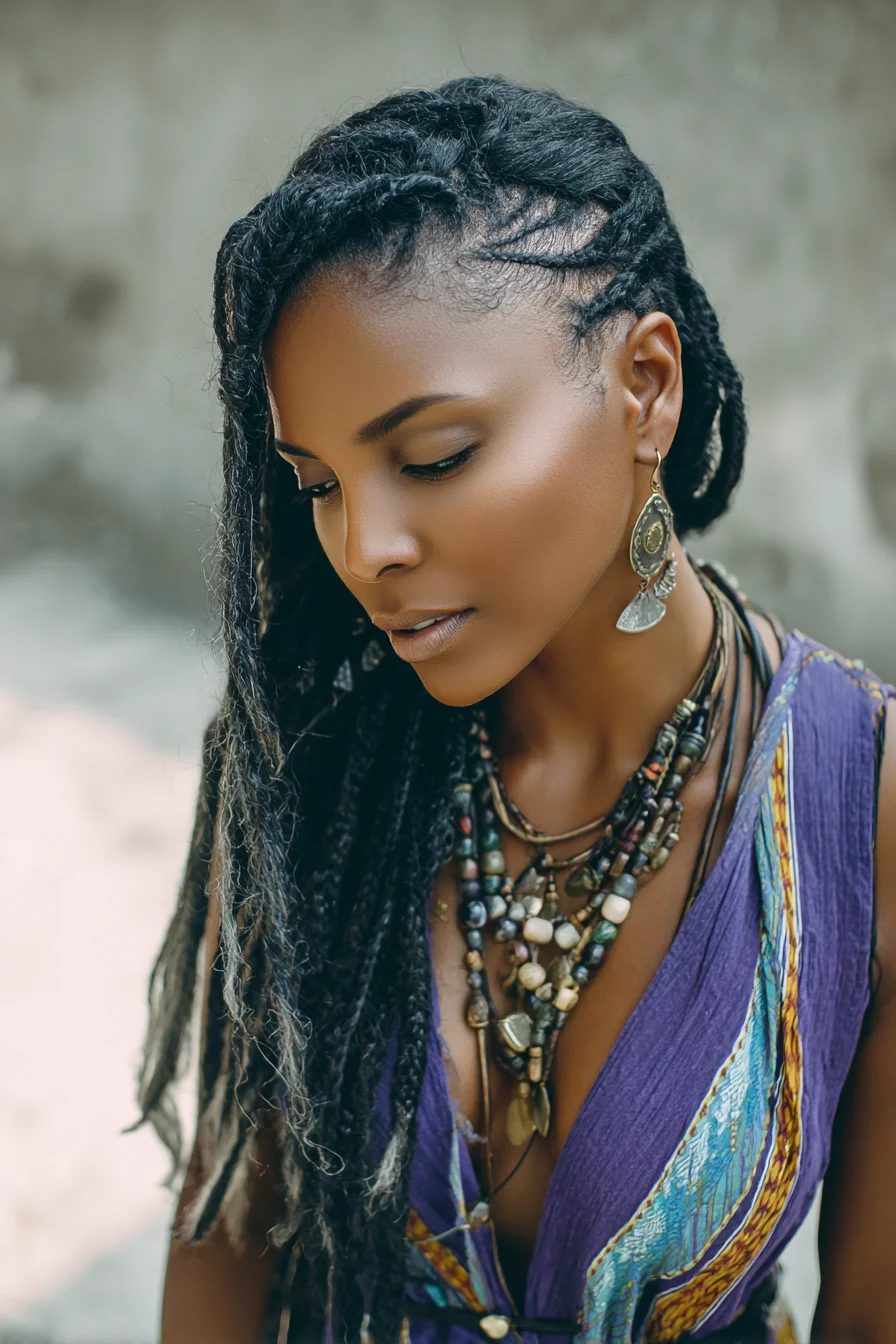 Side‑Swept Cornrows with Long Textured Faux Locs — Boho Locs Style