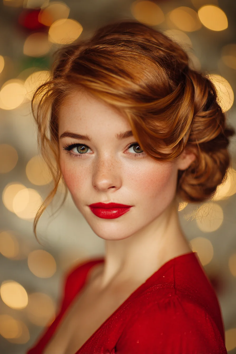 Side-Swept Fringe Low Chignon — Romantic Updo for Red Hair