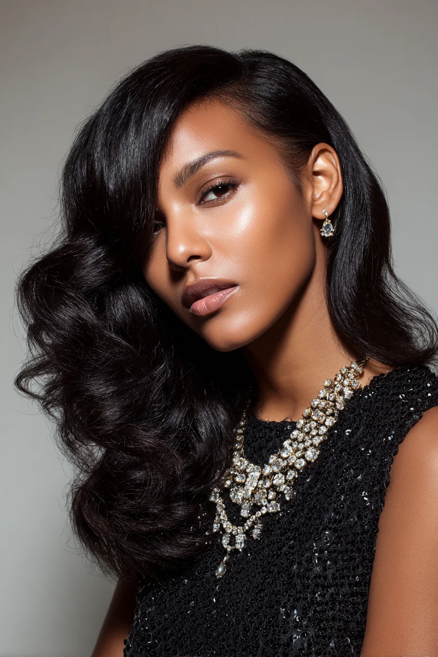 Side‑Swept Hollywood Waves for Long, Glossy Hair