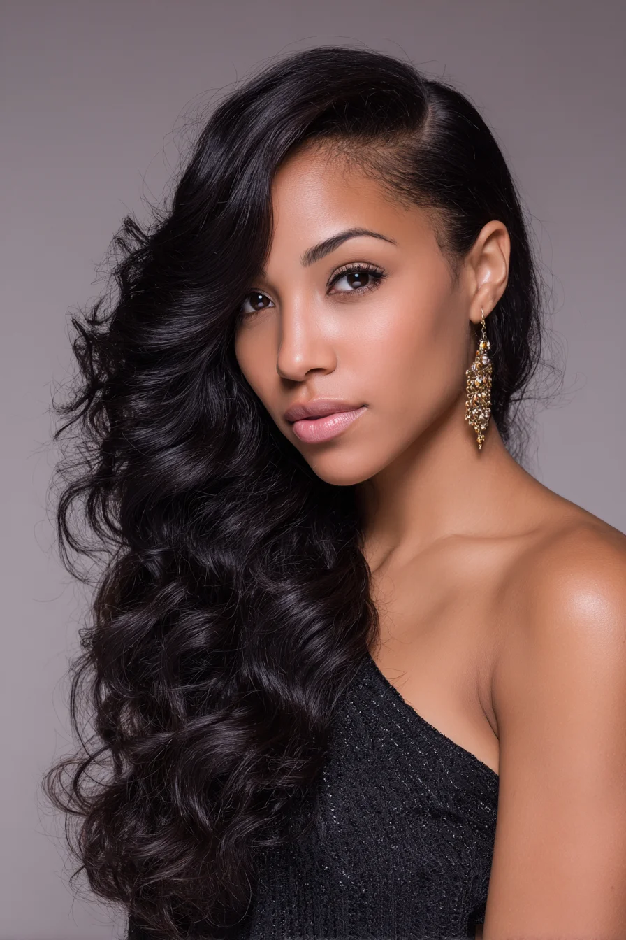 Side‑Swept Hollywood Waves for Long Medium-to-Thick Hair