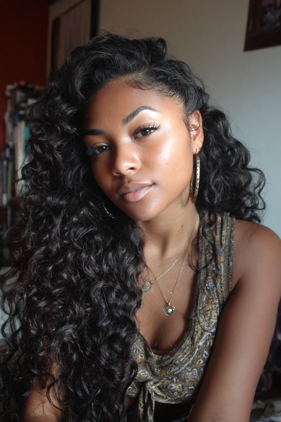 Side‑Swept Long Deep Curls with Defined Edges and Volume