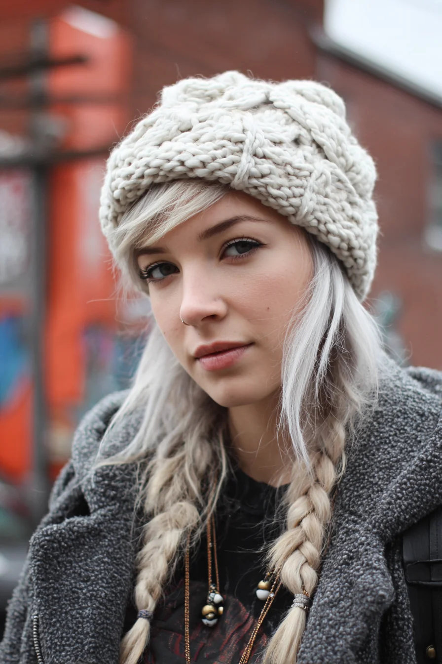 Silver-Blonde Double Braids with Soft Side Bangs (Beanie-Friendly Winter Style)