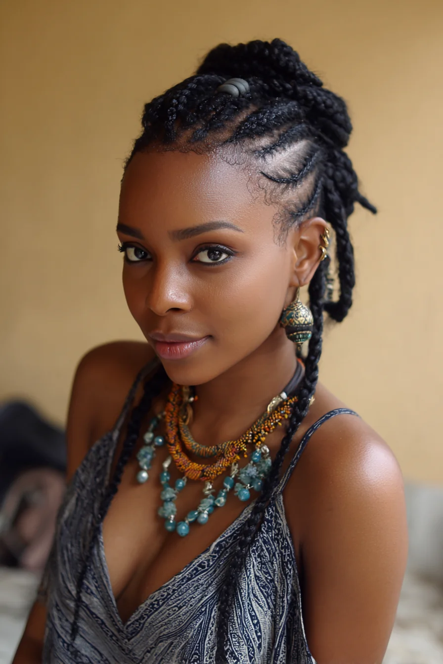 Sleek Cornrow Updo with Feed‑In Braids and Long Hanging Braids