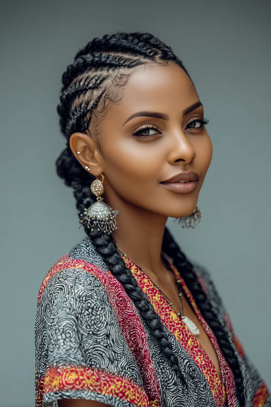 Sleek Cornrows Leading Into Two Long Chunky Braids