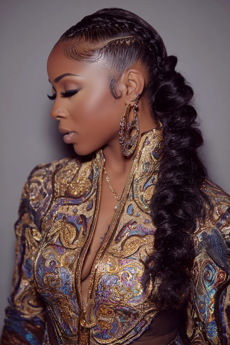 Sleek Feed-In Cornrows into Voluminous Bubble Ponytail with Styled Baby Hairs