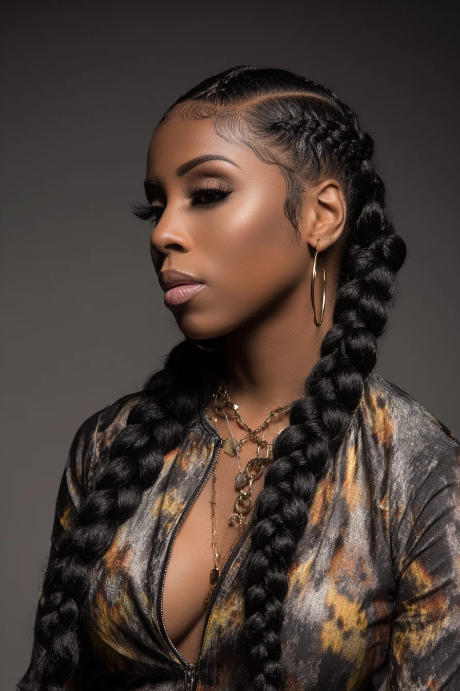 Sleek Feed-In Cornrows with Two Chunky Braids