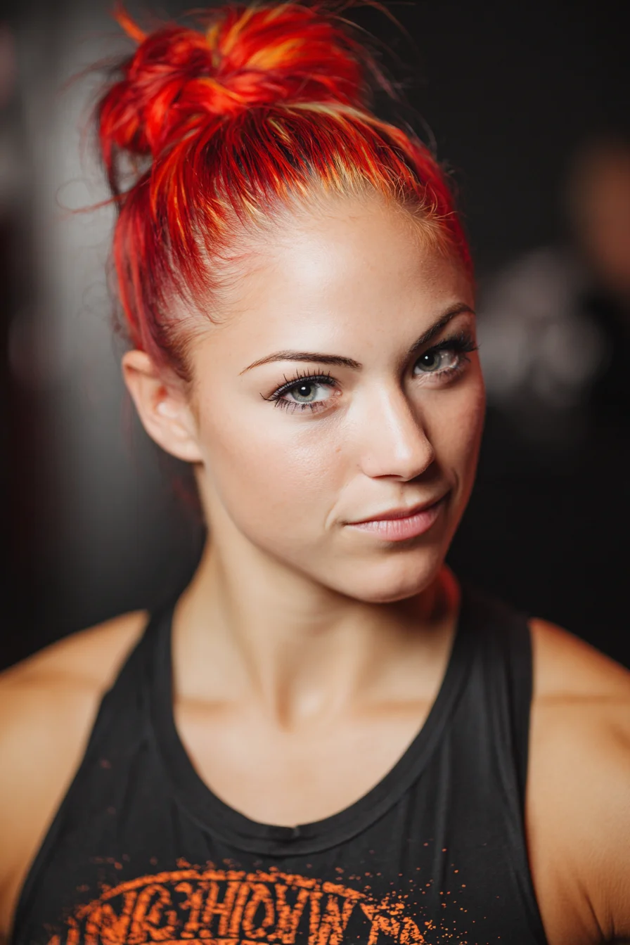 Sleek High Top Knot Bun — Vibrant Red-Orange Color with Tamed Edges