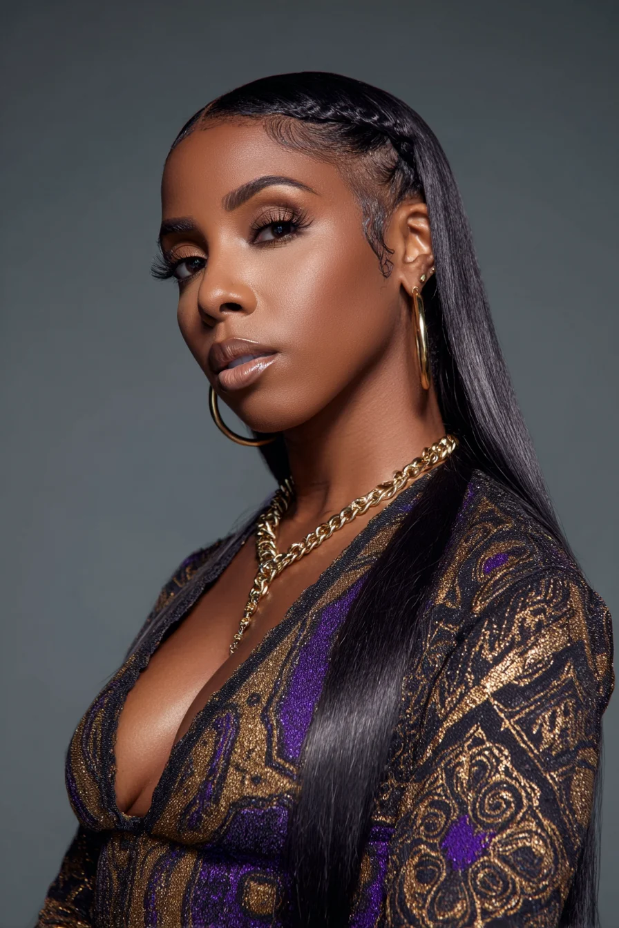 Sleek Long Straight Hair with Side Cornrows and Laid Baby Hairs