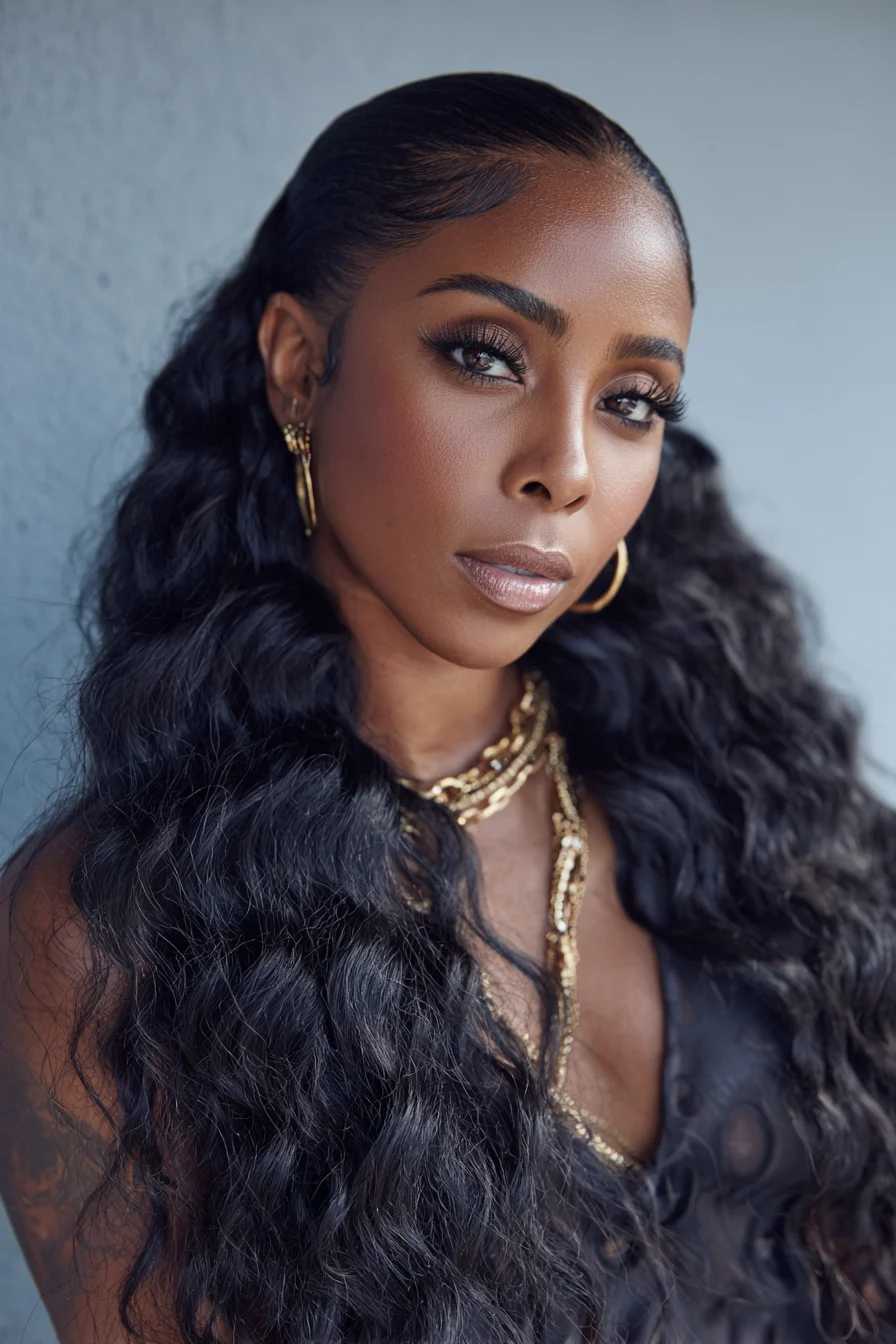 Sleek Pulled-Back Crown with Long Defined Wavy Lengths