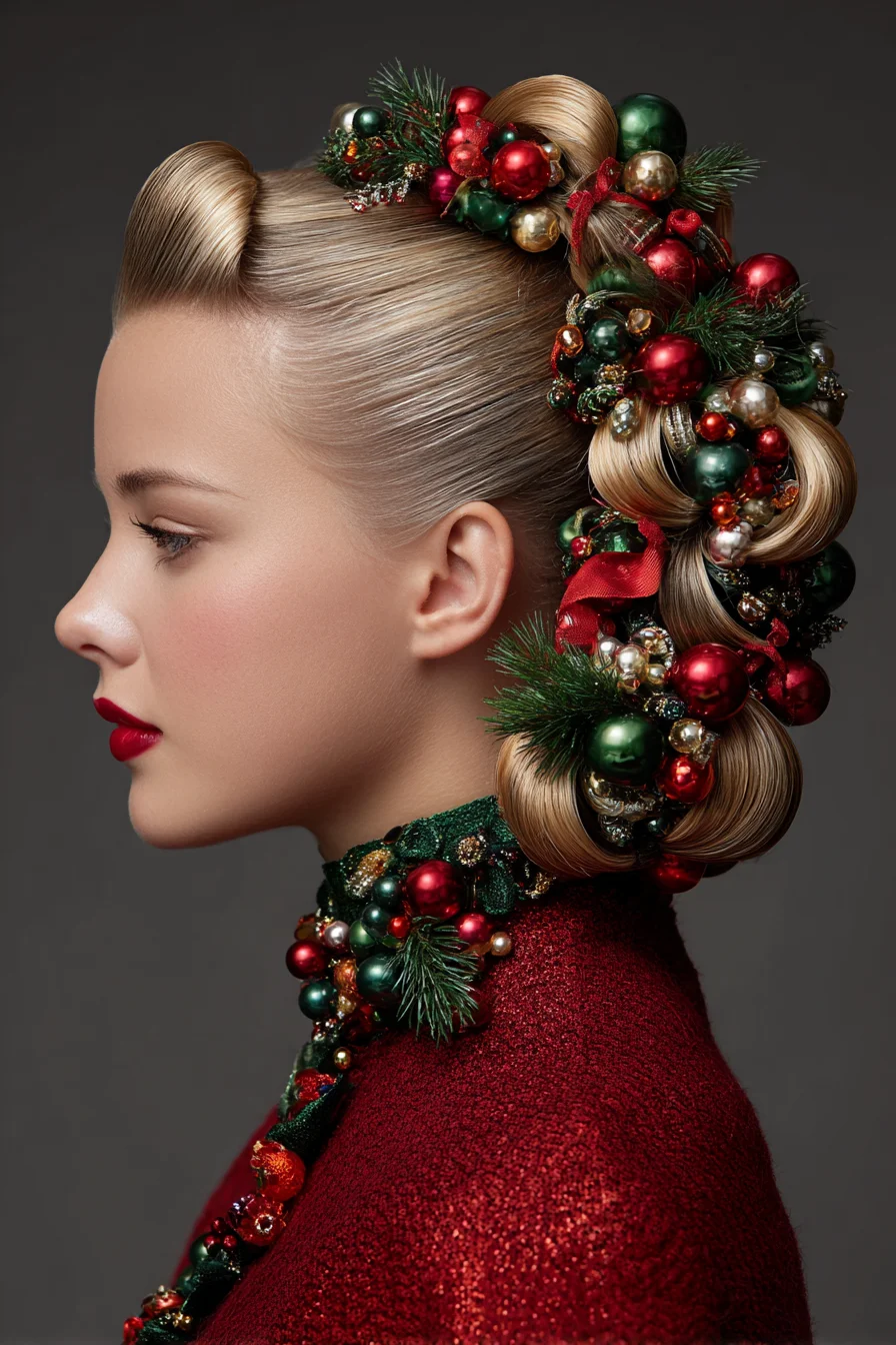 Sleek Sculpted Loop Updo with Holiday Ornament Embellishments