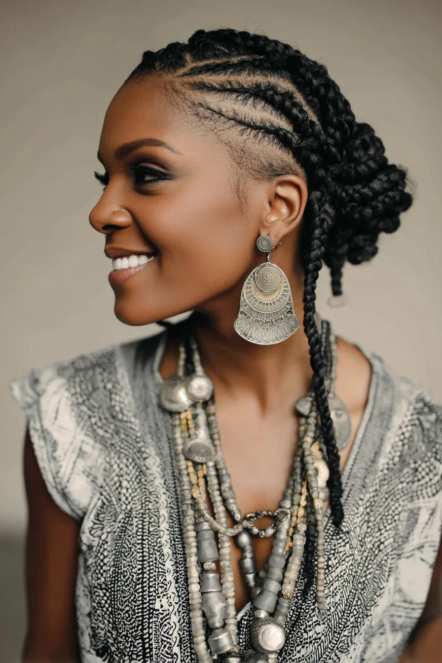 Sleek Side Cornrows into Low Braided Bun with Face‑Framing Braid