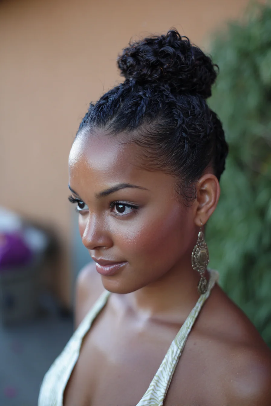 Sleek Textured High Bun with Laid Edges — Curly/Coily Hair Updo
