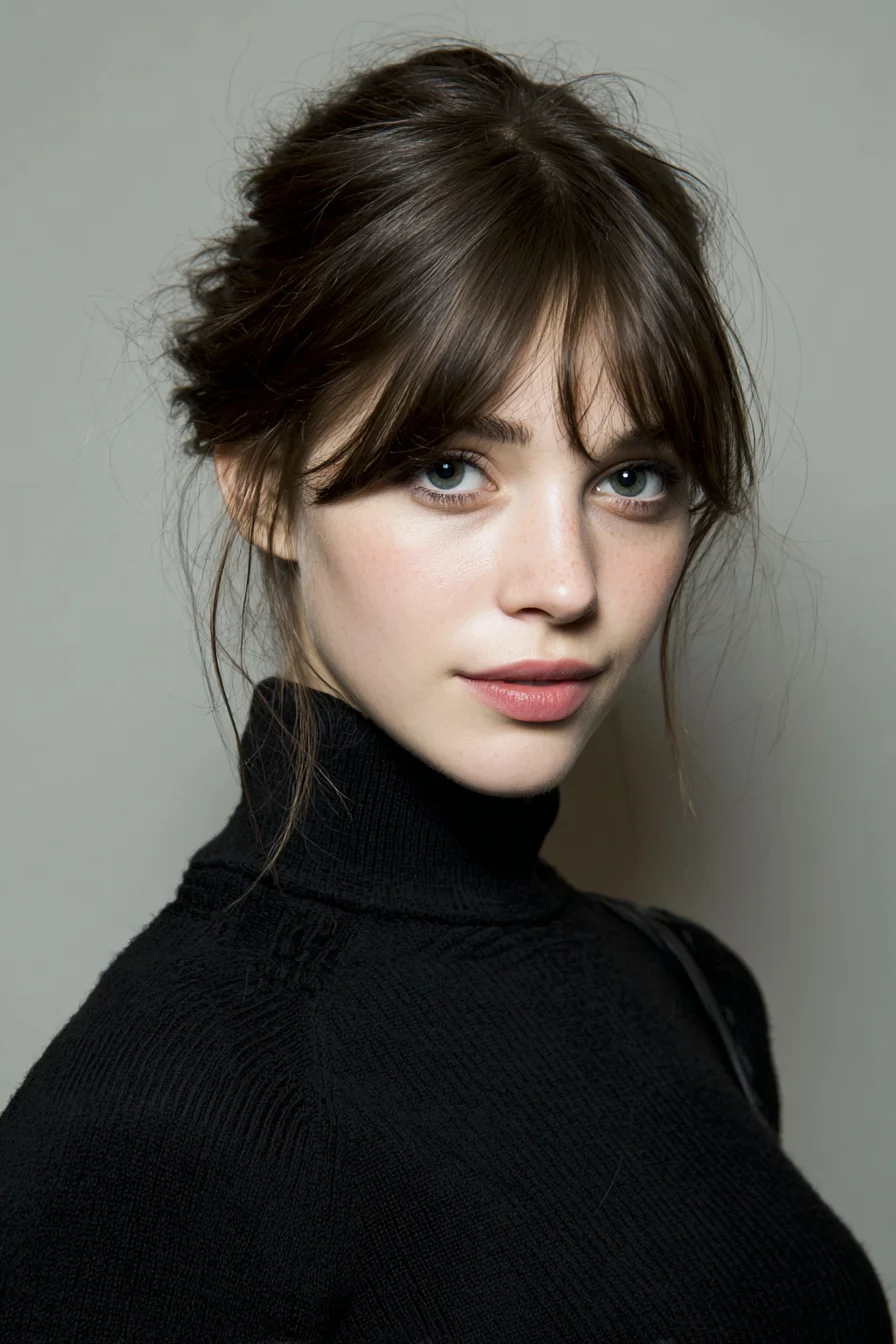 Soft Messy Low Bun with Curtain Bangs and Face‑Framing Strands