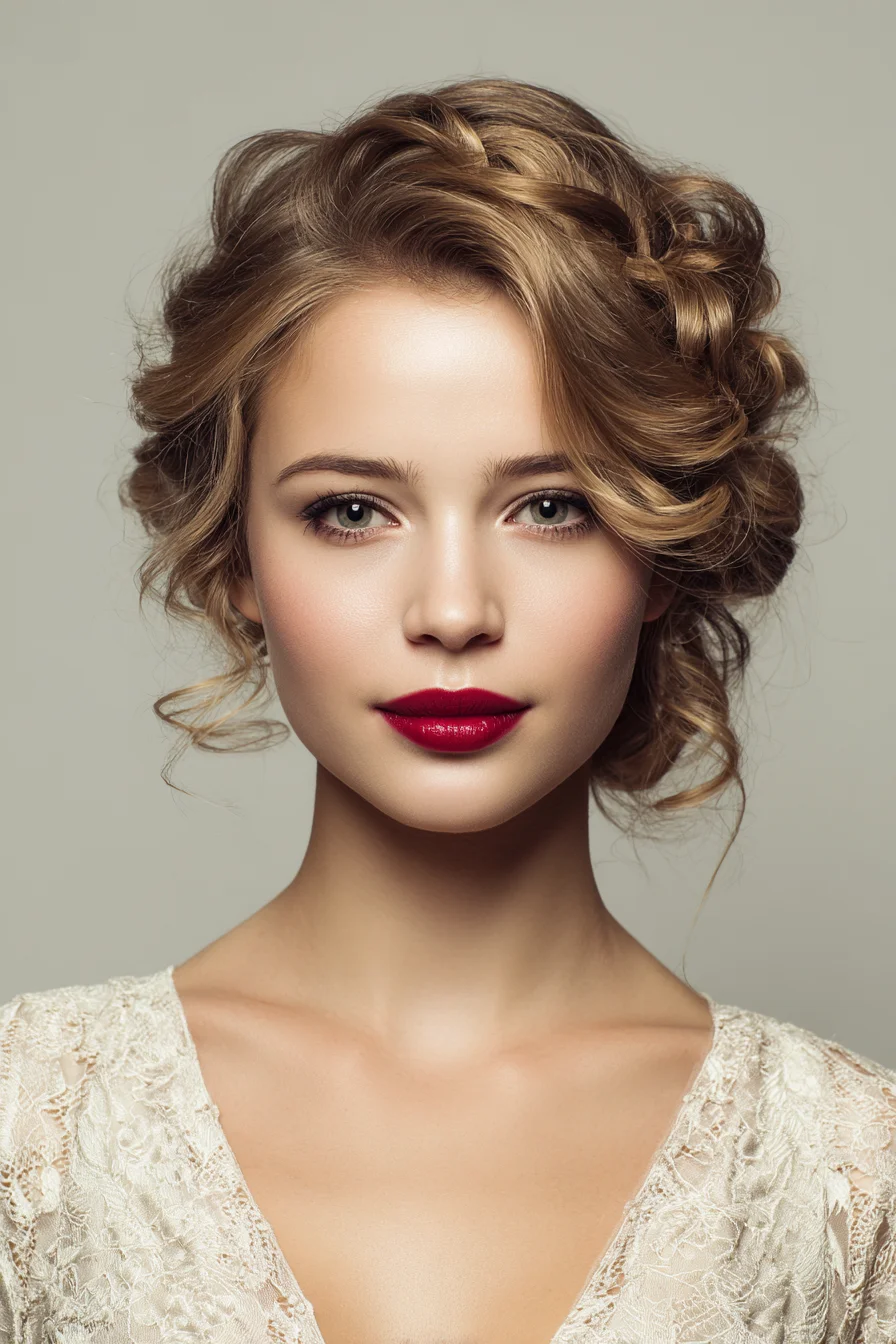 Soft Romantic Braided Crown Updo with Loose Curls