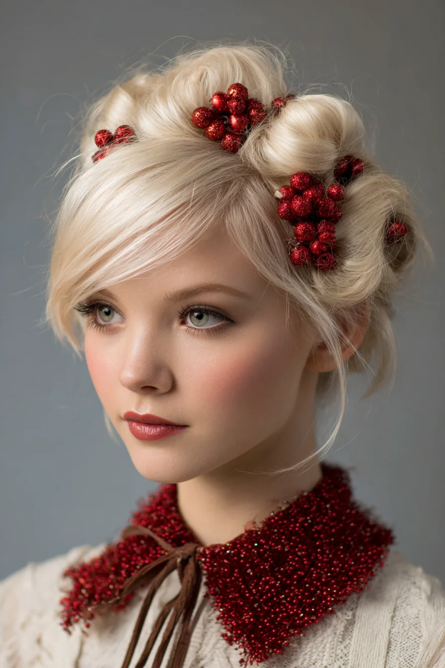Soft Textured Blonde Updo with Berry Accents (Romantic Chignons)
