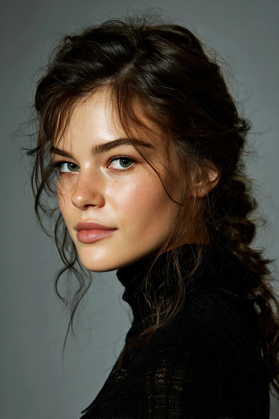 Soft Textured Low Braid/Ponytail with Face‑Framing Tendrils