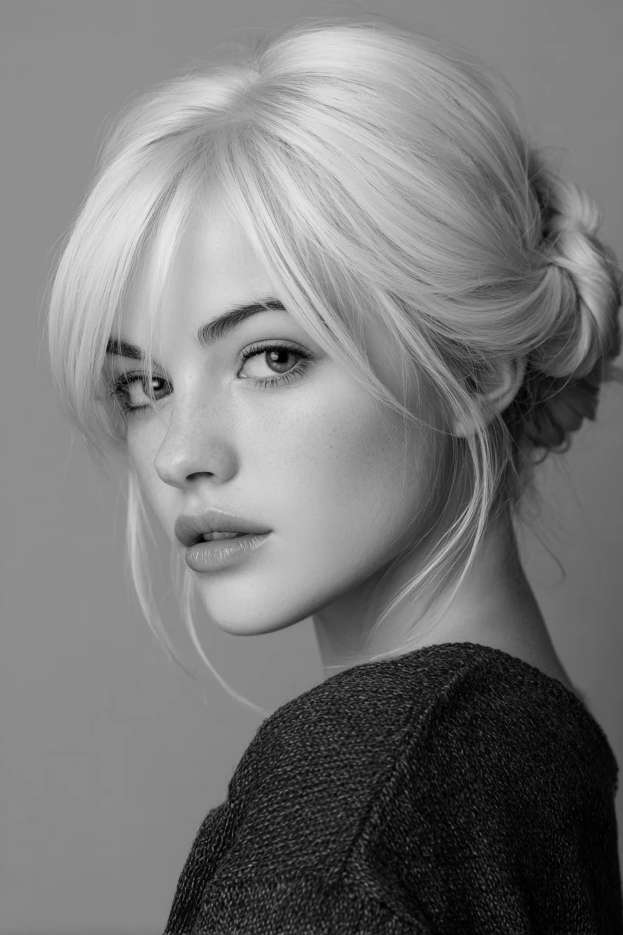 Soft Textured Low Braided Bun with Wispy Curtain Bangs