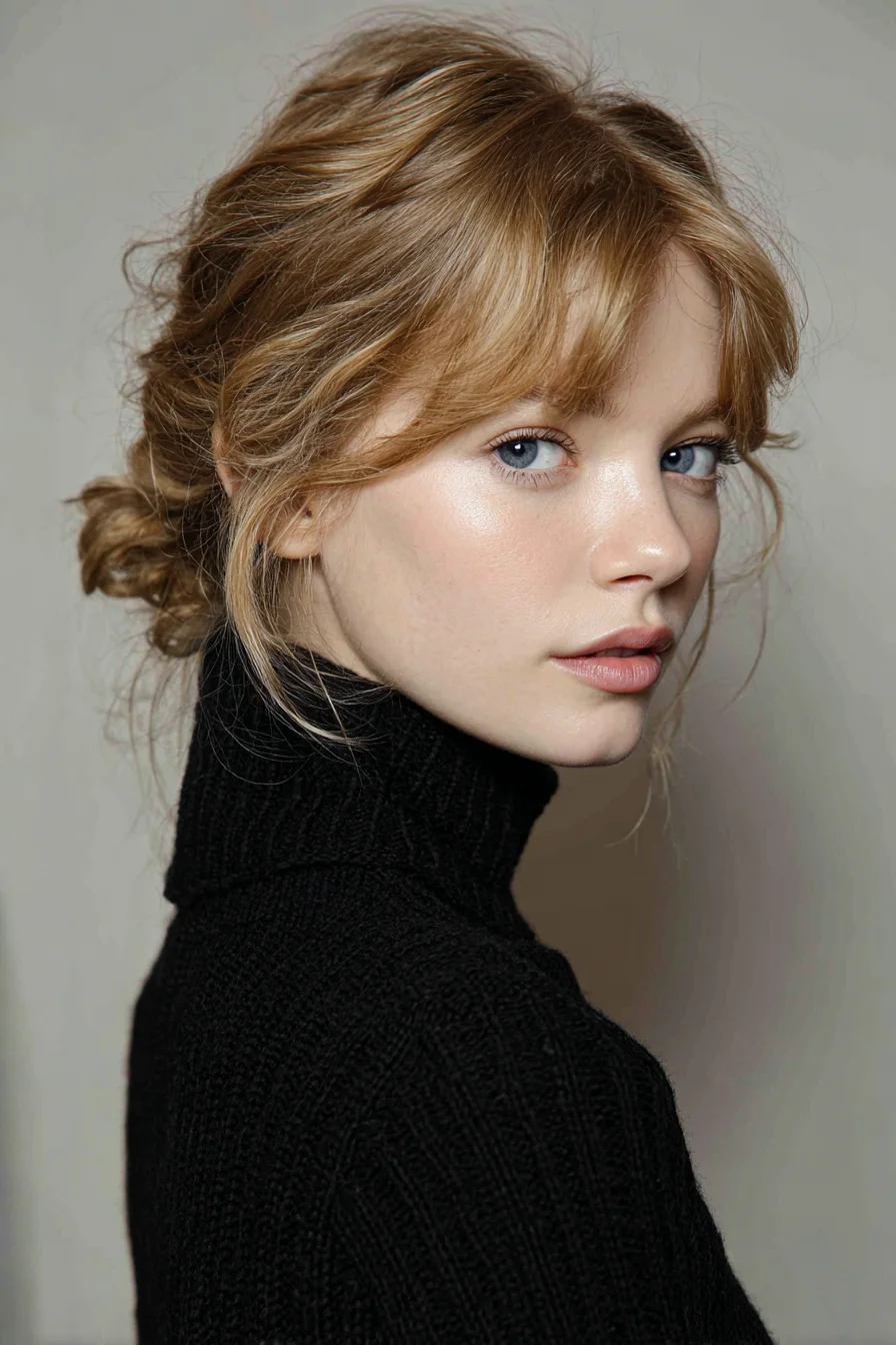 Soft Textured Low Bun with Curtain Bangs