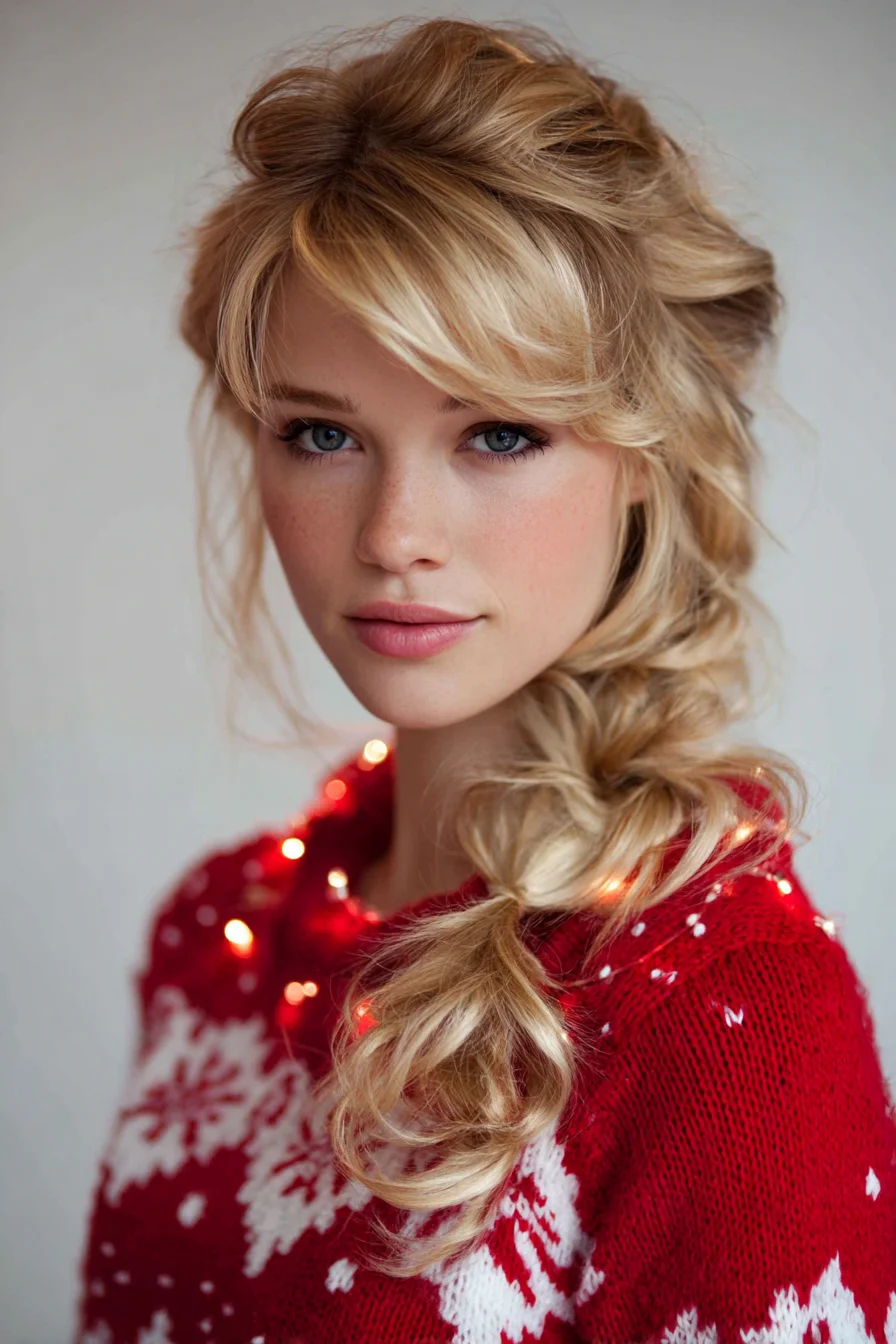 Soft Textured Side Braid with Voluminous Crown and Side-Swept Bangs