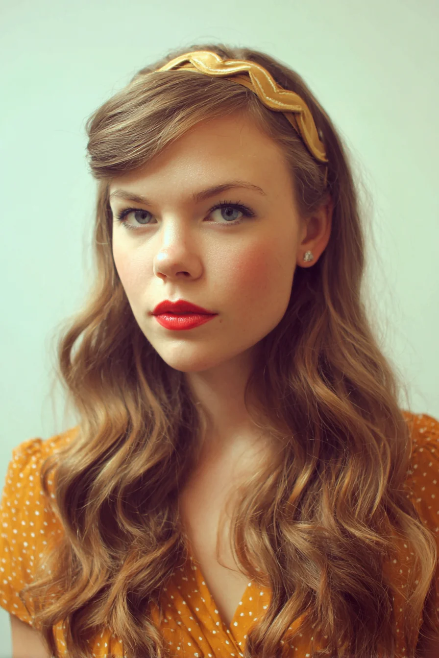 Soft Vintage Waves with Side-Swept Fringe and Decorative Headband