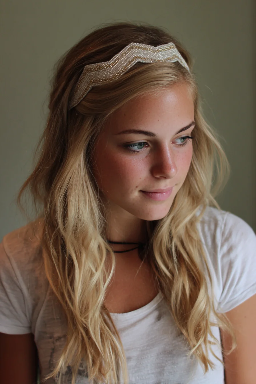 Textured Beach Waves with Beaded Headband — Loose Half-Up Styling