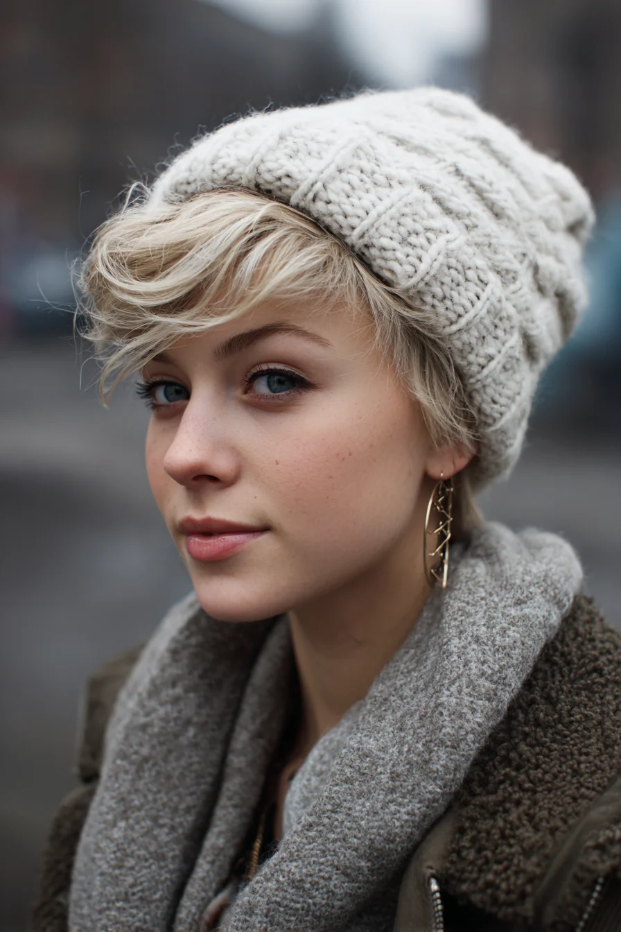 Textured Blonde Pixie with Side‑Swept Fringe