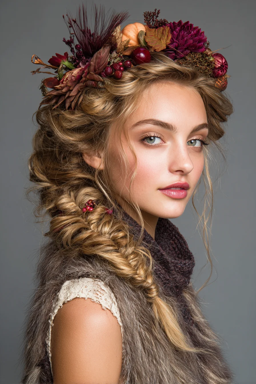 Textured Boho Side Fishtail Braid with Floral Crown
