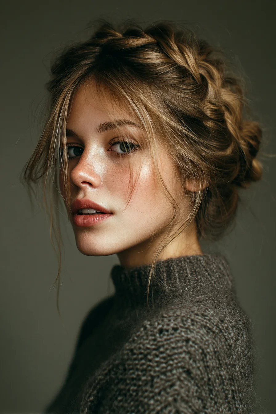 Textured Braided Crown Messy Bun with Face‑Framing Tendrils