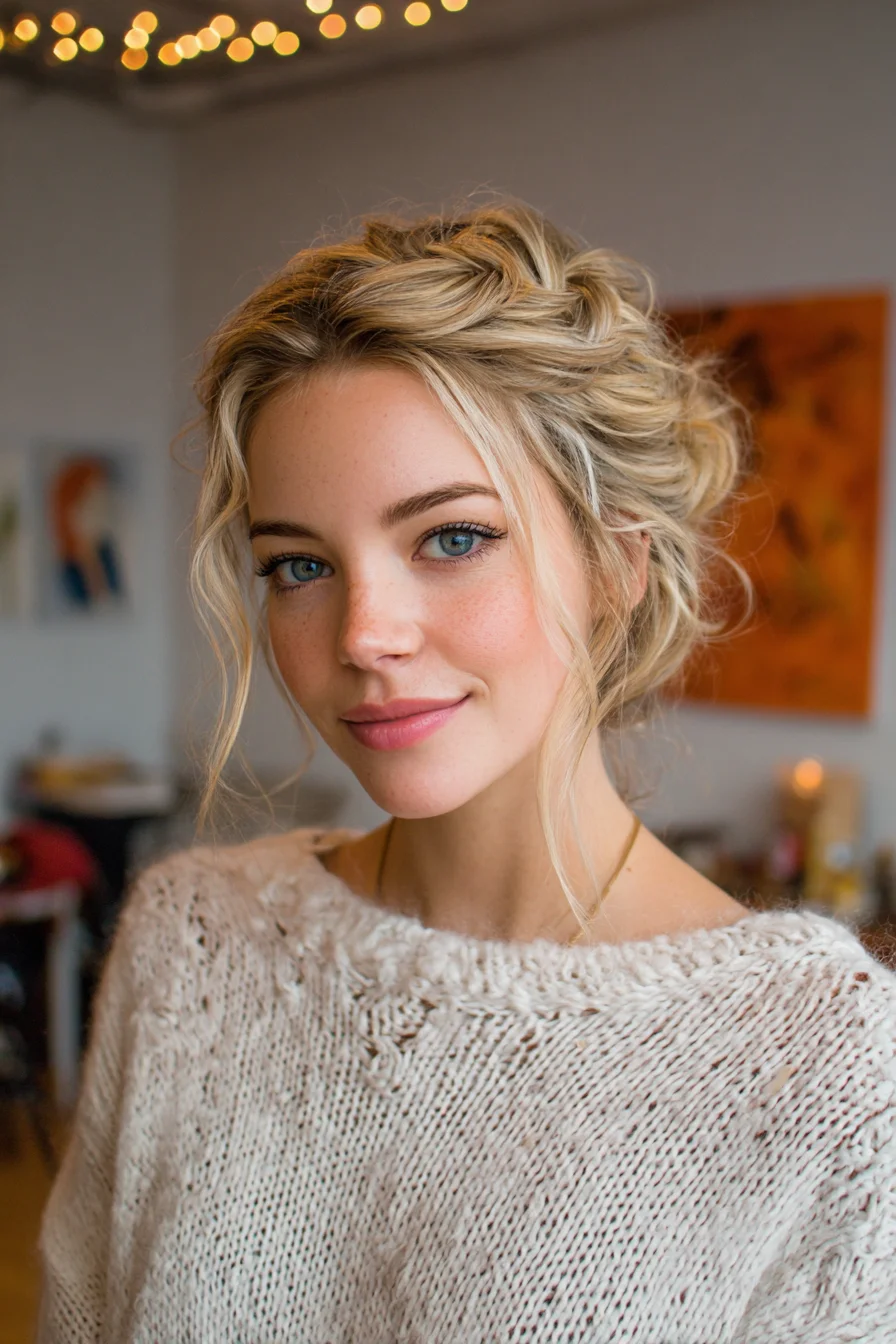 Textured Braided Crown Messy Updo — Romantic Loose Updo for Medium Hair