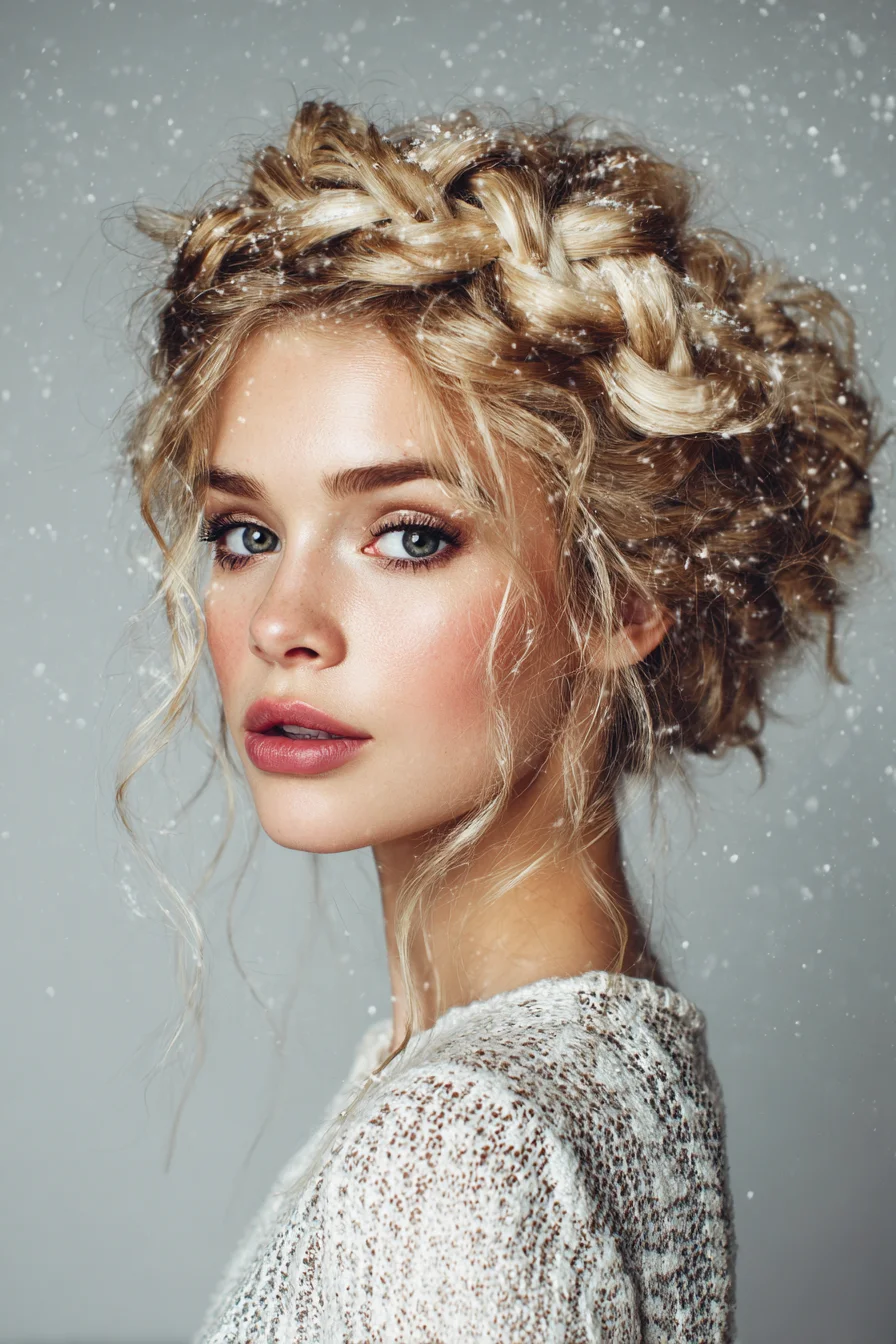 Textured Braided Crown Updo — Messy Romantic Hairstyle for Wavy or Fine Hair