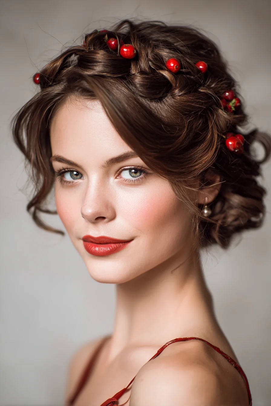 Textured Braided Crown with Low Bun and Floral/Berry Accents