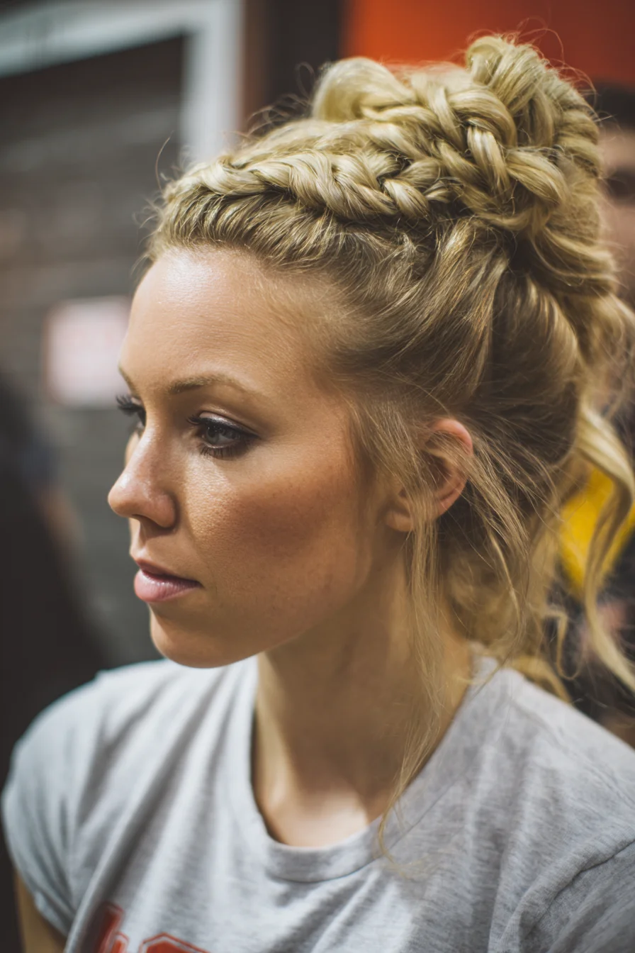 Textured Braided Crown with Messy High Bun — Face‑Framing Blonde Updo