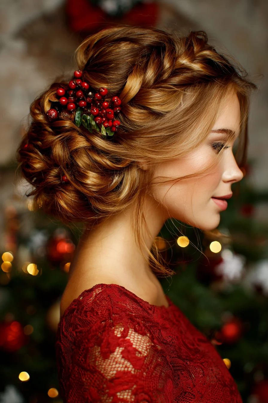 Textured Braided Low Bun with Festive Berry Hairpiece