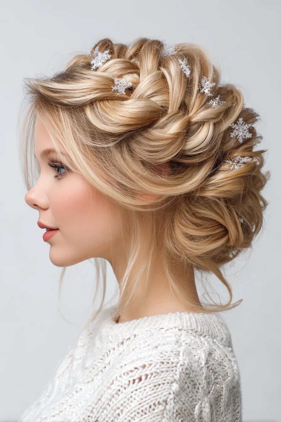 Textured Braided Updo with Snowflake Accents